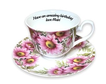 Personalised Modern Vintage Fine Bone China Teacup and Saucer, Gerbera Daisy Teacup, Personalised Teacup, Rude Teacup, Customised Teacup