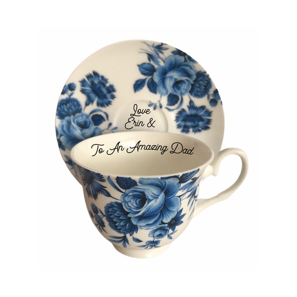 Personalised Vintage Floral Style, Boxed Fine Bone China Teacup and Saucer, Blue Delft Flower Design 2