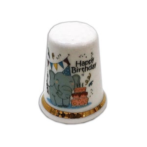 BN Personalised Fine Bone China Happy Birthday Elephant Thimble with Display Case, Personalised Thimble, Dad Thimble,