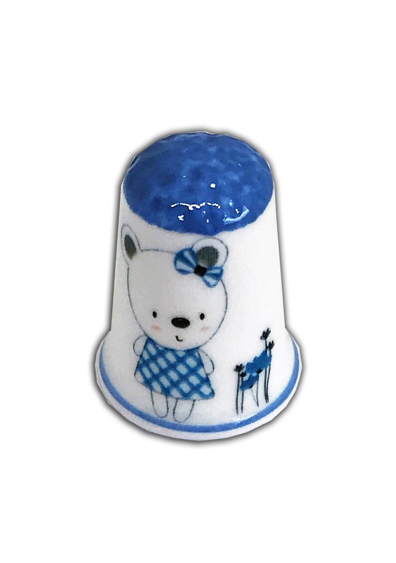 BN Personalised Fine Bone China Thimble Personalised Thimble, Blue Topped Blue Bear Design Thimble with Display Case