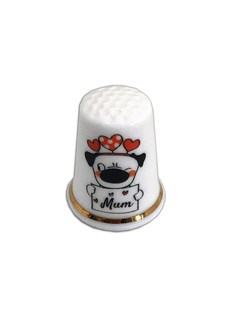 Personalised Thimble Gift For Her BN Personalised Fine Bone China Pug Dog With Mum Sign Thimble with Display Case