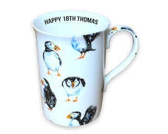 Boxed Personalised Fine Bone China Puffin Mug, Puffin Gift