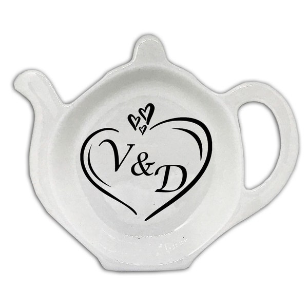 Repose-sac de thé personnalisé avec initiales en porcelaine fine de style vintage, rangement pour sachet de thé, cadeau de fiançailles de mariage