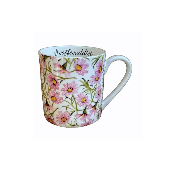 Personalised Large Fine Bone China Pink Daisy Pint Mug, Large Coffee Mug