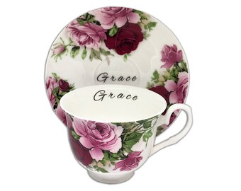 Gepersonaliseerde Vintage Floral Style, Boxed Fine Bone China Theekopje en schotel, Summertime Rose