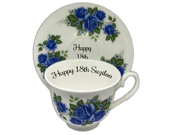 Personalised Blue Rose Teacup and Saucer