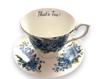 Taza de té y platillo de porcelana fina de estilo floral vintage personalizados, en caja, taza de té y platillo "No me olvides"