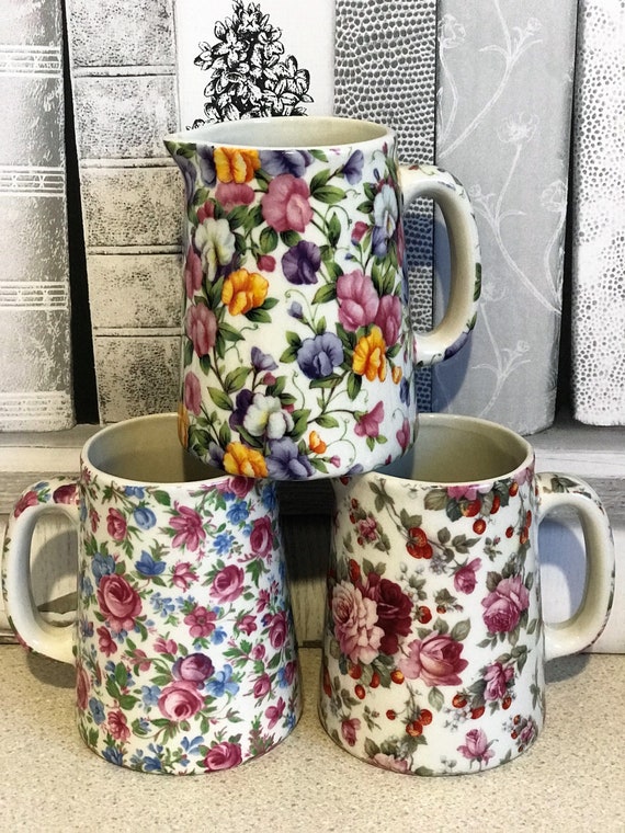 Shabby Chic Modern Vintage Floral Jug Cream Pottery Pink Blue Pint Pitcher Jug