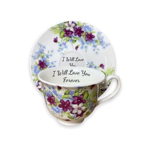 Personalised Vintage Floral Style, Boxed Fine Bone China Teacup and Saucer, Violets And Forget Me Nots Cup Saucer