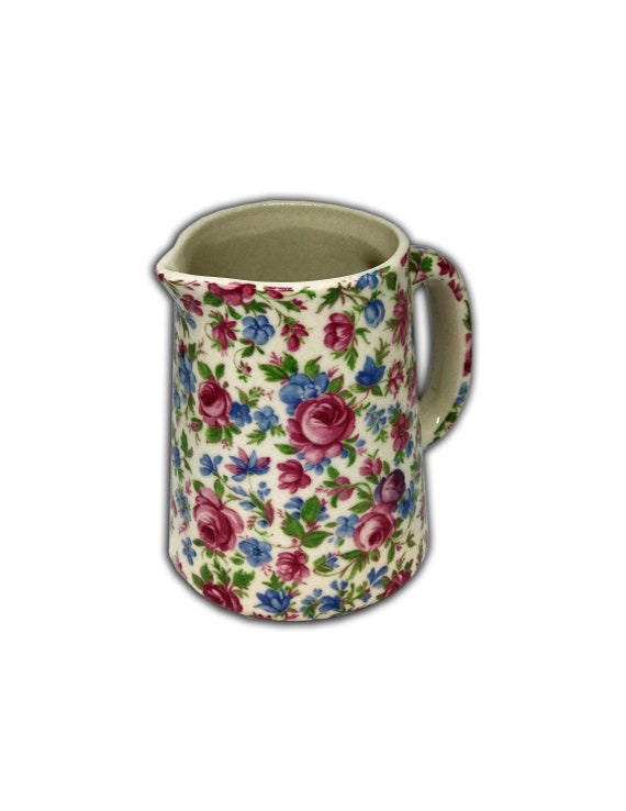 Shabby Chic Modern Vintage Floral Jug Cream Pottery Pink Blue Pint Pitcher Jug