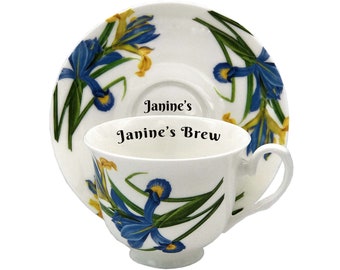 Taza de té y platillo de porcelana fina con diseño de iris azul vintage personalizado, juego de té personalizado.