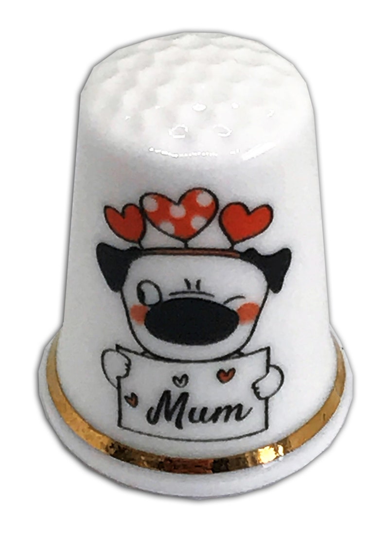 Personalised Thimble Gift For Her BN Personalised Fine Bone China Pug Dog With Mum Sign Thimble with Display Case