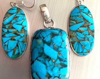 Turquoise Necklace and earring set | Assembled Turquoise pendant| Stabilized turquoise| Turquoise Necklace| Turquoise Jewelry| turquoise