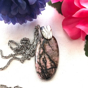 Rhodonite pendant necklace, rhodonite pendant, rhodonite jewelry, pink gemstone necklace, rhodonite teardrop, pink gemstone, heart chakra