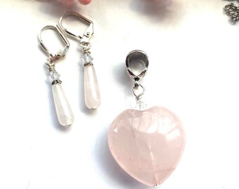 Rose quartz heart  pendant and earring set, Rose quartz jewelry, rose quartz heart necklace, pink pendant, blush pendant, pink stone pendant