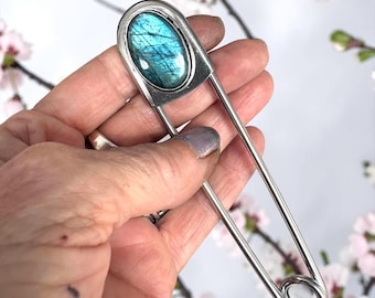 Jumbo Labradorite Safety Pin, Kilt Brooch, Scarf Pin, Key Holder (5 Inch)