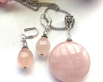 Rose quartz pendant and earring set, Rose quartz jewelry, rose quartz necklace, pink pendant,  pink stone pendant earring gift, heart chakra