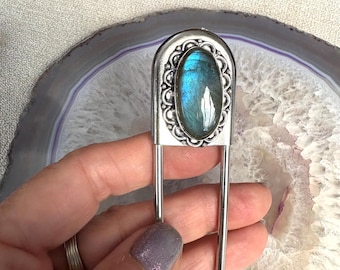 Jumbo Labradorite safety pin, kilt pin, scarf pin, hat pin, key holder, labradorite pin