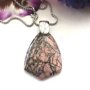Rhodonite pendant necklace, rhodonite pendant, rhodonite jewelry, pink gemstone necklace, rhodonite shield, pink gemstone, heart chakra