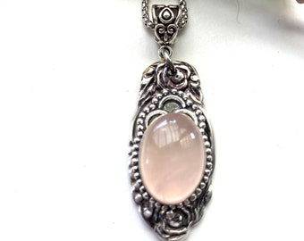 Rose Quartz Pendant, Rose Quartz necklace,  Rose Quartz jewelry, rose quartz pendant, stone of love, Rose quartz on spoon handle