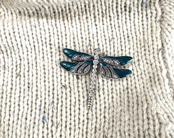 Teal Blue Dragonfly Brooch: Rhinestone  Pin