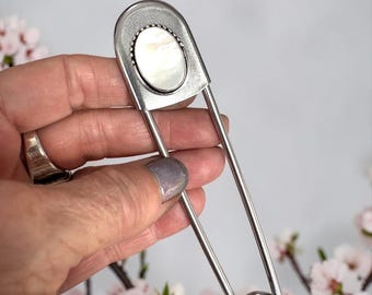 Jumbo Safety Pin Kilt Pin with Mother of Pearl Accent, Scarf, Hat pin, Brooch, 5 inch