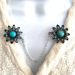 Turquoise flower Sweater clip, sweater clasp, cardigan clip, Pashmina clip, sweater closure, shawl clip