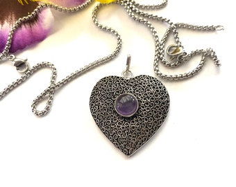 Amethyst heart pendant, antique silver heart, amethyst pendant.  I love you necklace, heart necklace,  gift for her