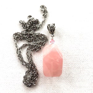 Rose Quartz Nugget Pendant, Pink Swarovski Bead, Heart Chakra Necklace