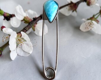 Faux Larimar Jumbo Safety Pin, Stainless Steel Kilt Scarf Hat Pin, Key Holder