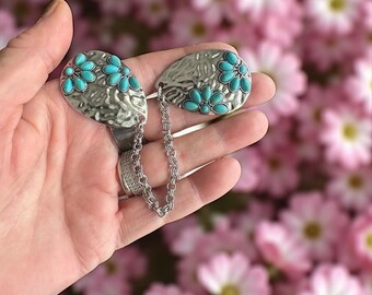 Turquoise & Silver Sweater Clip: Cardigan Shawl Closure