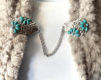 Turquoise & Silver Sweater Clip: Cardigan Shawl Closure