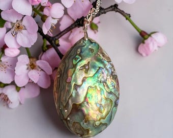 Abalone Shell Pendant Necklace, Blue Green Paua Jewelry, Mother of Pearl Back