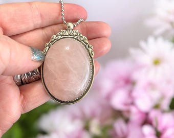 Rose Quartz Pendant Necklace: Silver Plated Heart Chakra Jewelry