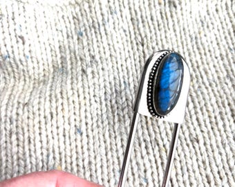 Jumbo Labradorite safety pin, kilt pin, scarf pin, hat pin, key holder, labradorite pin