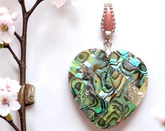 Reversible Abalone Heart Pendant, Mother of Pearl, Rainbow Shell Jewelry
