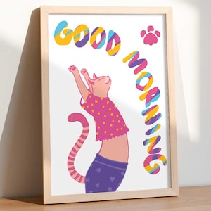 Cute Good Morning Cat Printable Poster | Kids Room Wall Art | Colorful Nursery Decor | Playroom Poster | Digital Download