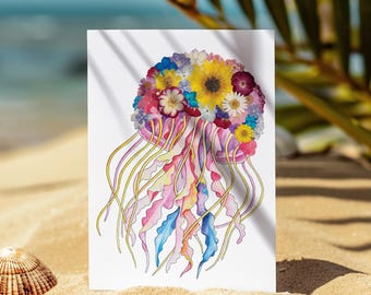 Jellyfish Pressed Flower and Watercolor Art Print, Ocean Botanical Wall Art