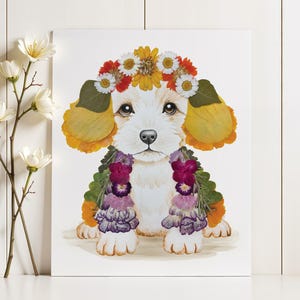 Puppy Dog Pressed Flower Watercolor Art Print - Botanical Wall Art