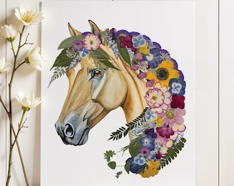 Horse Pressed Flower and Watercolor Art Print