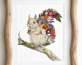 Squirrel Pressed Flower Watercolor Art Print - Botanical Wall Art