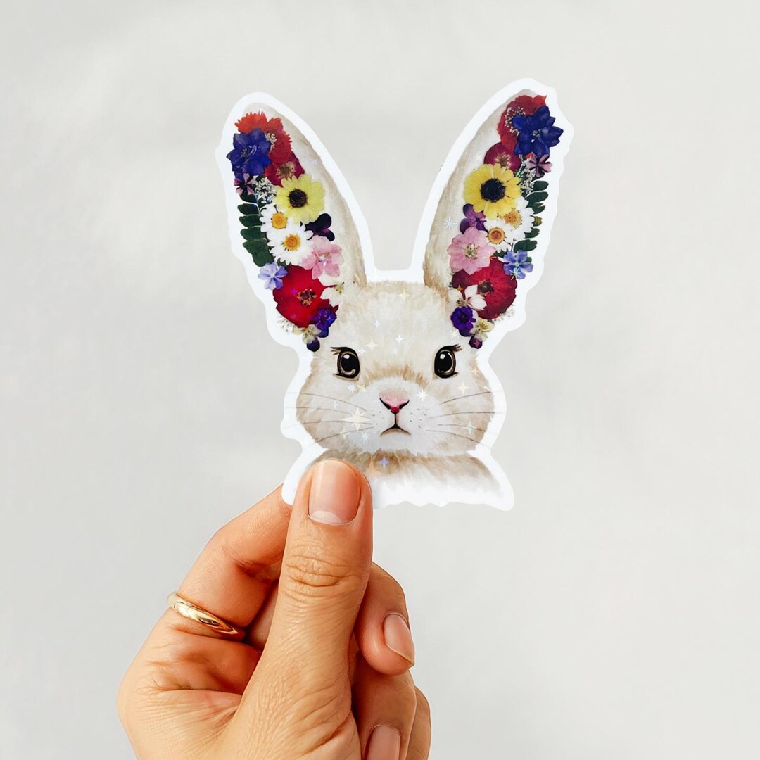 Bunny Rabbit Vinyl Holographic Sticker - Pressed Flower and Watercolor ...