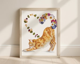 Floral Cat Art Print: Unique Pressed Flower Decor - Signed Print