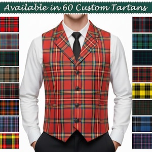 May include: A red tartan waistcoat with a button-up front, worn with a white shirt and black tie. The waistcoat displays a classic plaid pattern in red, yellow, and green. The text at the top says "Available in 60 Custom Tartans."