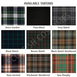 May include: A selection of tartan fabric swatches, each with a unique plaid pattern. Colors range from black, gray, and green to brown and red. The text "AVAILABLE TARTANS" is at the top, with names like "Dress Gordon" and "Tara Murphy".