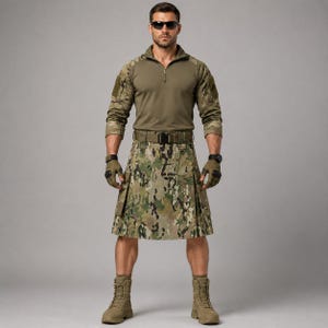 May include: A tactical outfit consisting of an olive green long-sleeve quarter-zip shirt and a camouflage kilt with side pockets. The ensemble includes fingerless tactical gloves, a black belt with a buckle, and tan combat boots.
