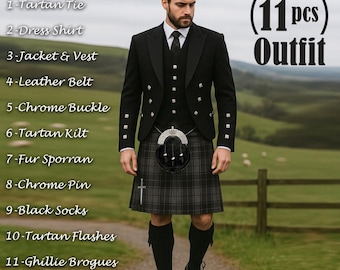 Scottish Kilt Outfit 11 PCS Men Custom Wedding Kilts Outfit Highland Mens Prince Charlie Jacket with Vest Set Available in 50+ Clan Tartans