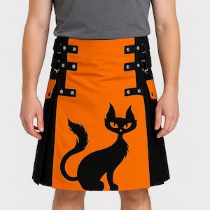 May include: An orange and black kilt with a black cat design. The kilt has black side panels and adjustable straps with silver fastenings. The front panel is orange with a black cat silhouette.