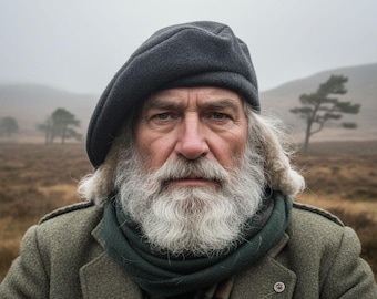 May include: A portrait of a person wearing a dark gray beret, a green scarf, and a green coat. The person has a long white beard and is set against a blurred outdoor background. Text at the top reads "Available in 7 Custom Colors."