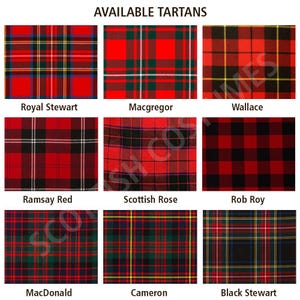 May include: A grid of nine tartan patterns, each with a unique design. The tartans feature various combinations of red, green, black, yellow, and white. The text "AVAILABLE TARTANS" is at the top, with each pattern labeled.